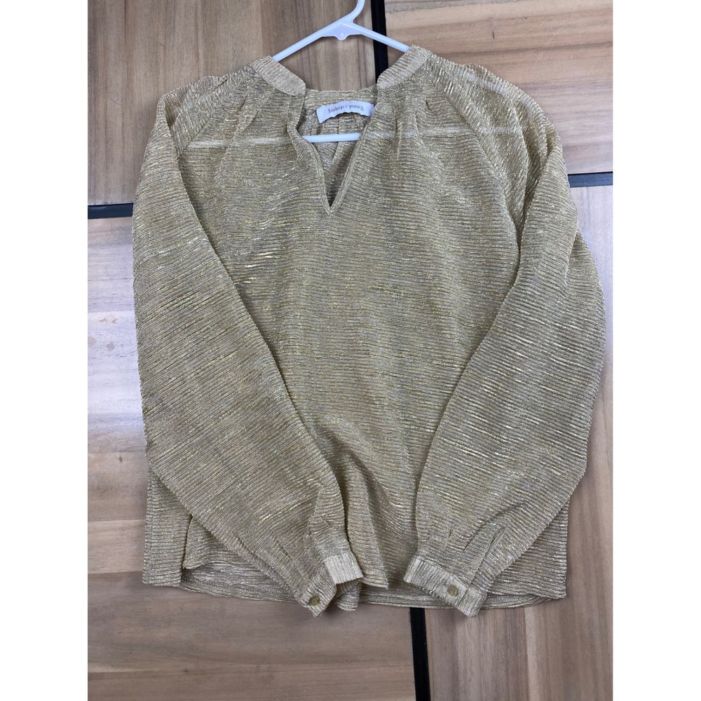 Bishop + Young Gold Metallic Blouse‎ Long Sleeve V-Neck Top Size S